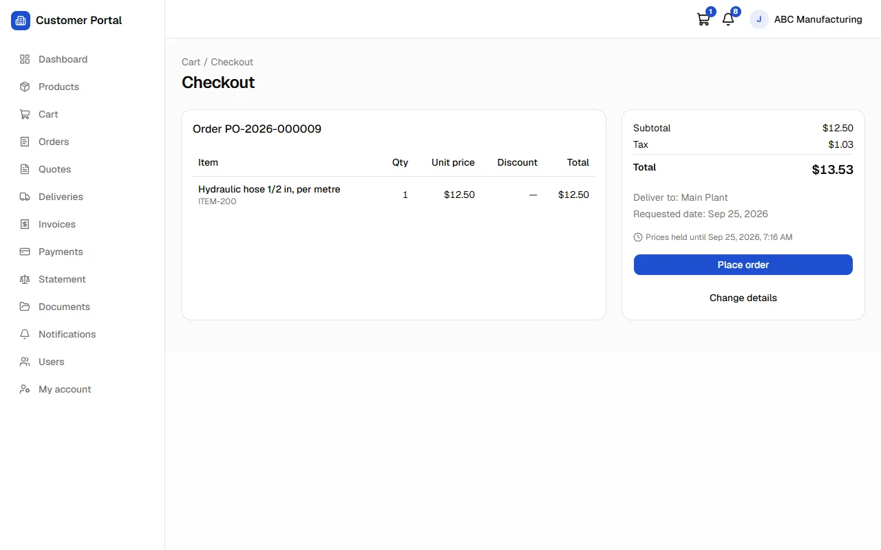 Checkout review showing SAP-calculated subtotal, tax and total, delivery address and requested date