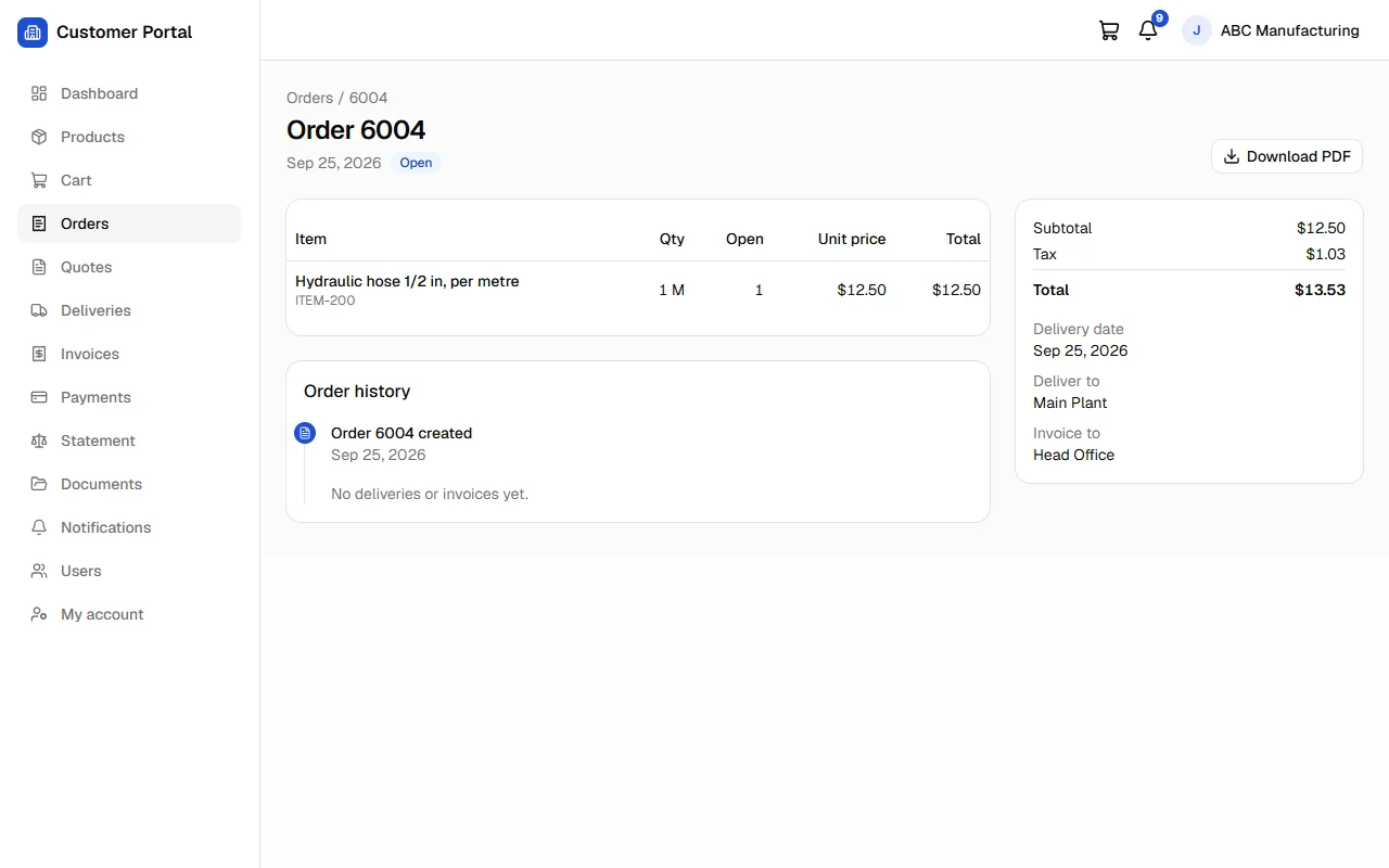 Order detail with line items, totals, delivery and invoice addresses, order history and PDF download